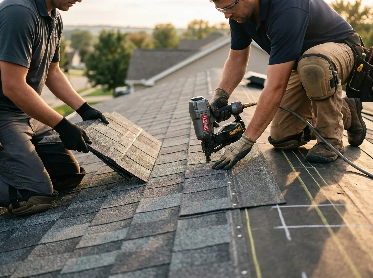 Professional roofer working on a residential roof in Red Lion